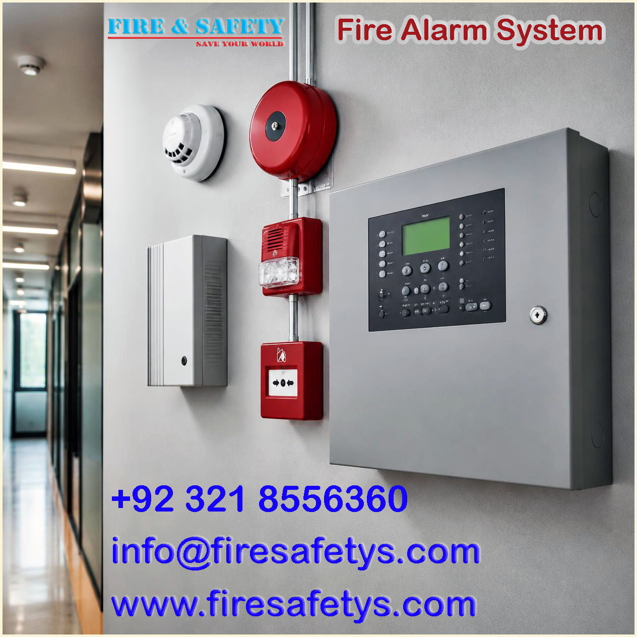 Fire alarm system control panel, detector, sounder and manual call point