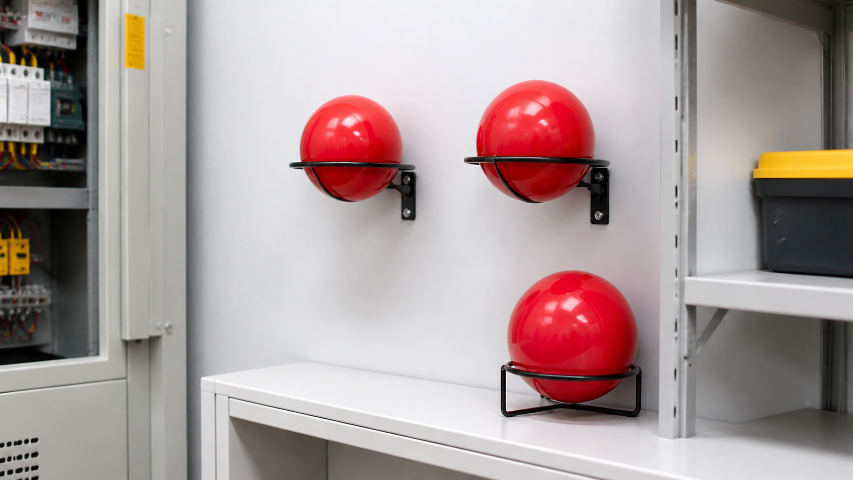 Fire extinguisher balls mounted near electrical and storage risk areas