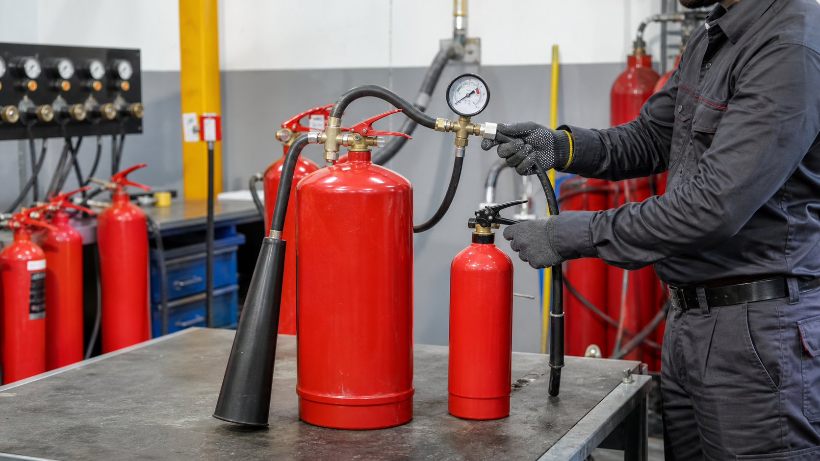 Fire extinguisher refilling workshop with pressure gauge testing in Islamabad
